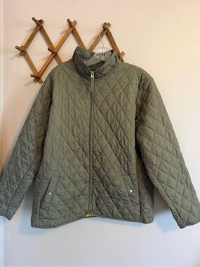 LANDS' END Quilted Diamond Contrast Lining Olive Green Utility Jacket Size XL